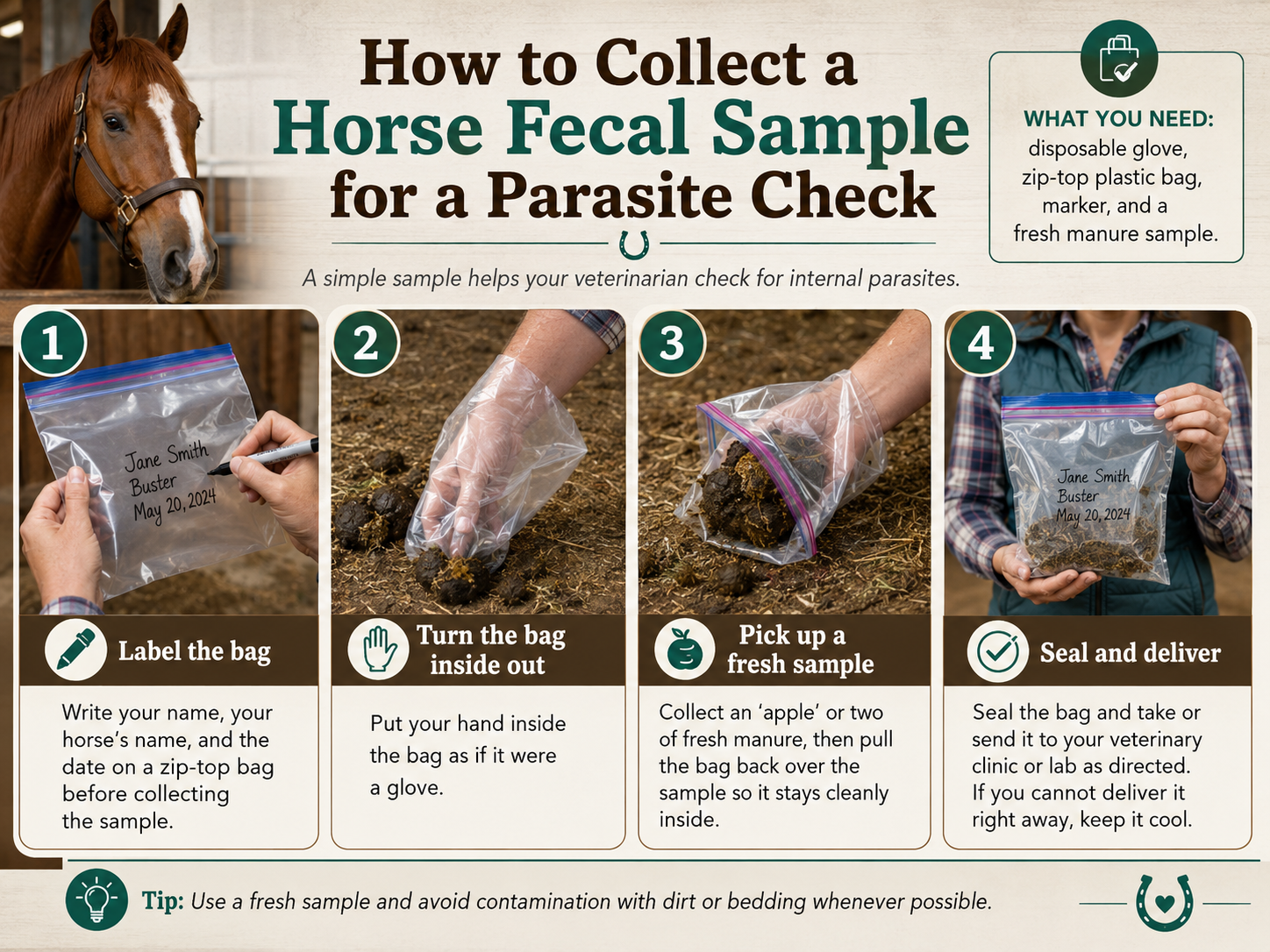 Steps to collect equine fecal sample